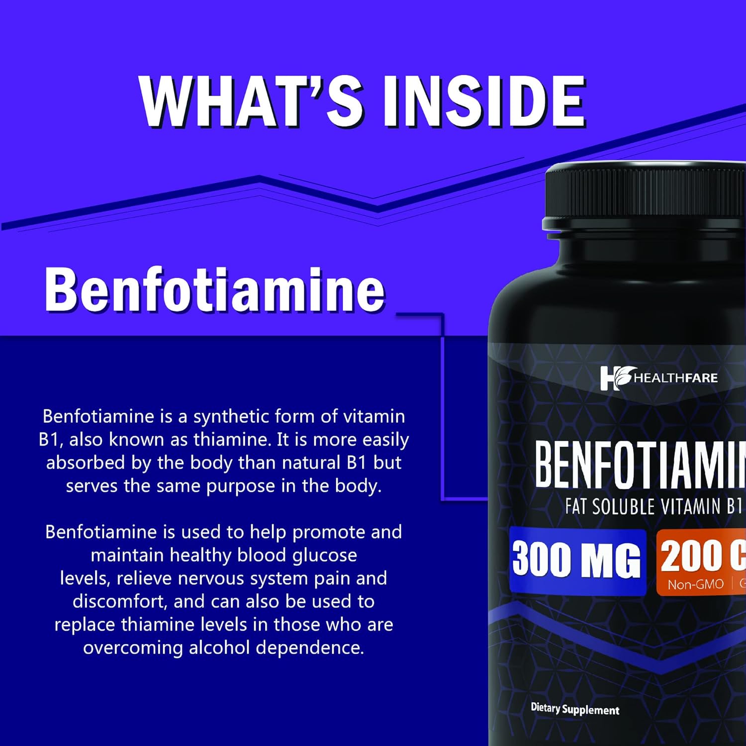 Benfotiamine 300mg | 200 Capsules | Fat Soluble Thiamine Vitamin B1 | Supports Glucose Metabolism, Cardiovascular and Nervous System Health | Non-GMO | Gluten Free | by HealthFare : Health & Household