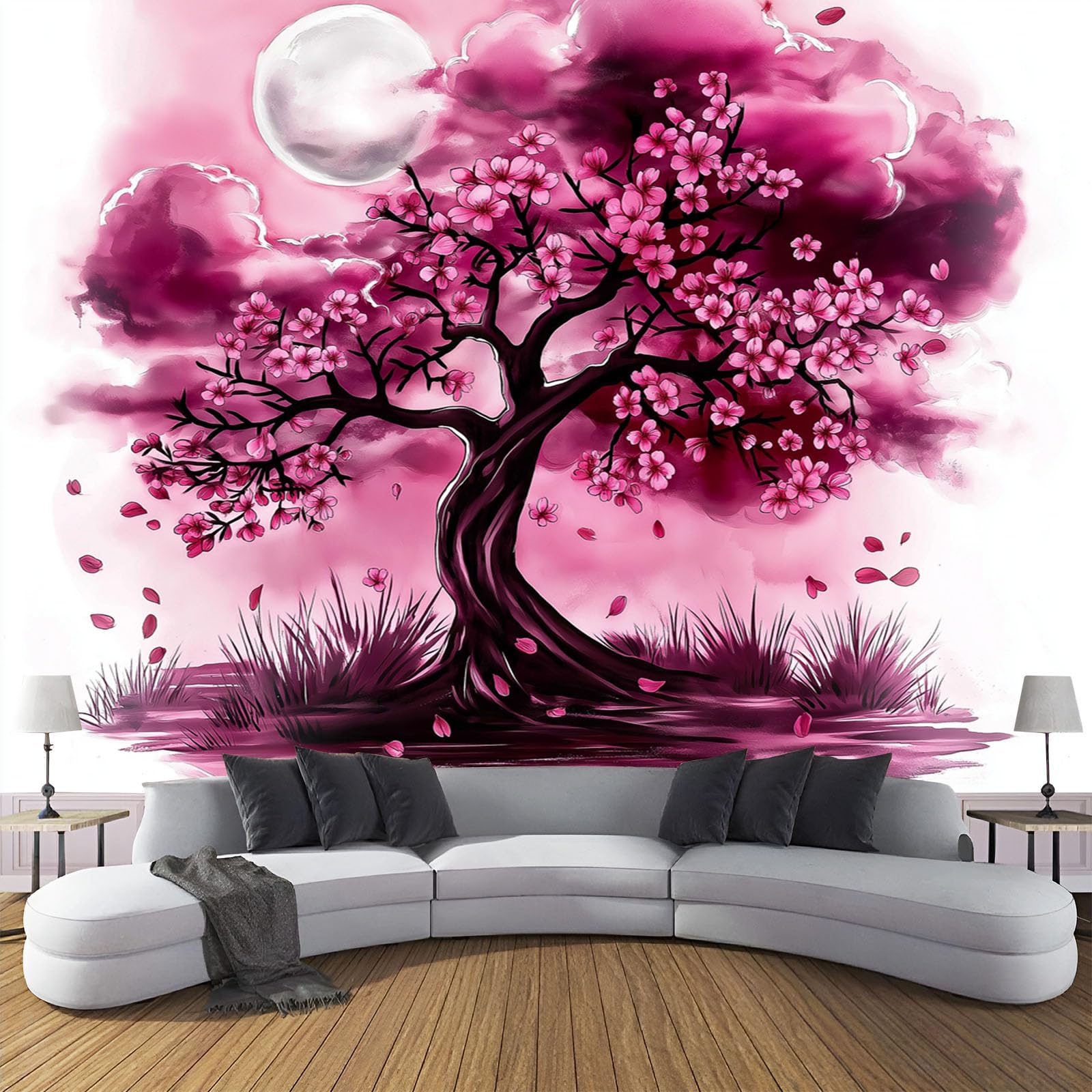 Tissu de Soie Lune Cerisiers En Fleurs Tapisserie Haut de Gamme 400x280