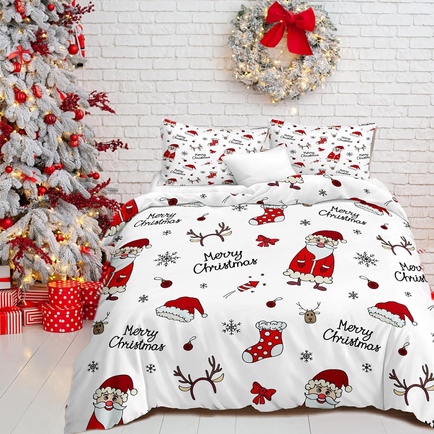 White Christmas Duvet Cover Queen Size Deer Snowflake