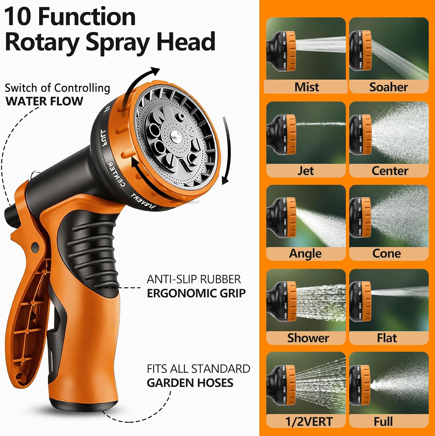 Flexible Garden Hose 50 FT, Ultra Lightweight Water Hoses w/10 Function Sprayer and 3/4" Brass Fittings, Kink-Free, Sturdy, Abrasion Resistant for Yard, Lawn, Outdoor and Gardening(Black Orange)