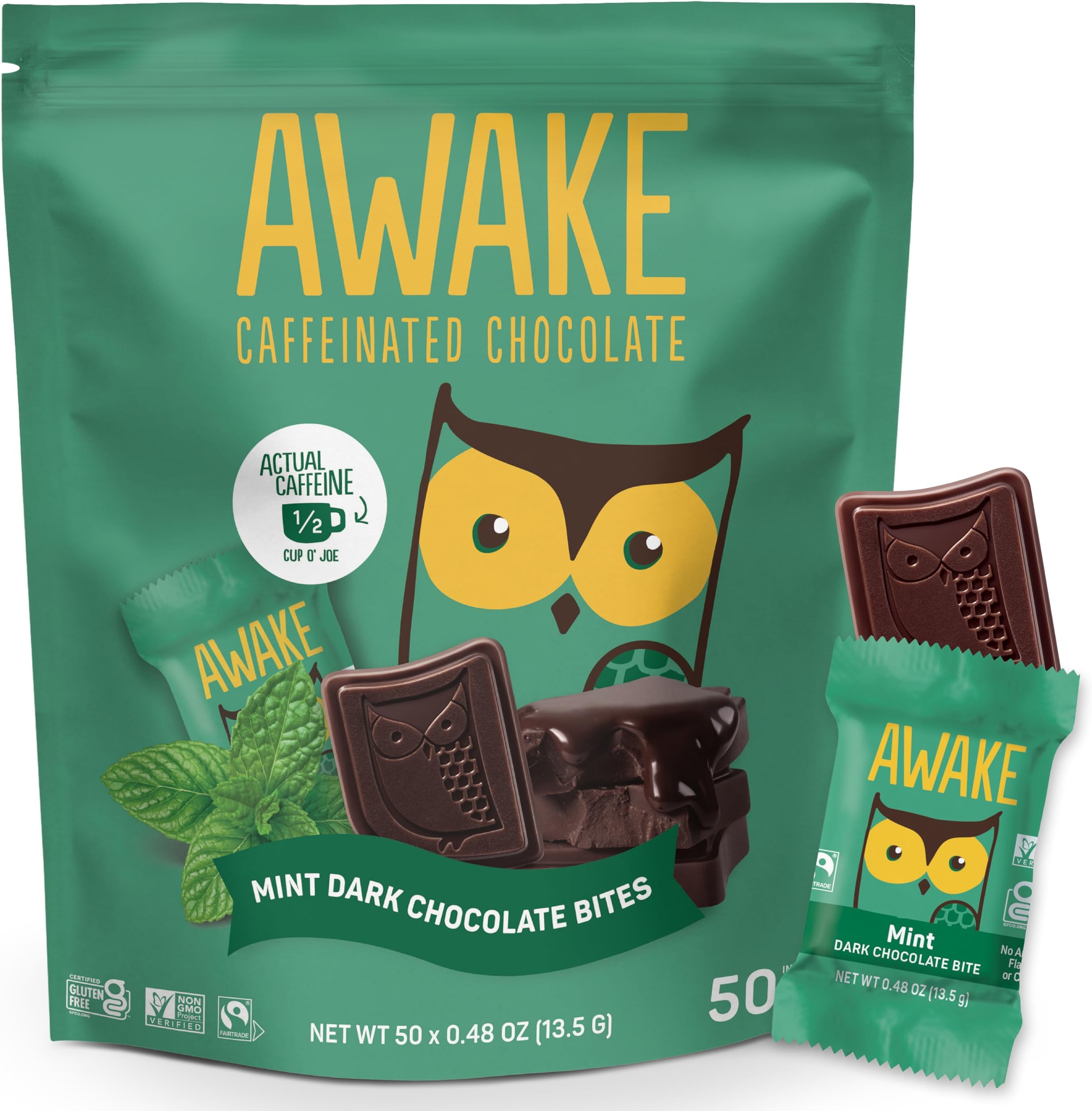 AWAKE - Caffeinated Chocolate Bites - Mint Dark Chocolate, 50 Bites - 50mg Caffeine - Individually Wrapped Energy Bites - Coffee Alternative - Fairtrade, Gluten Free, Non GMO - 0.48oz