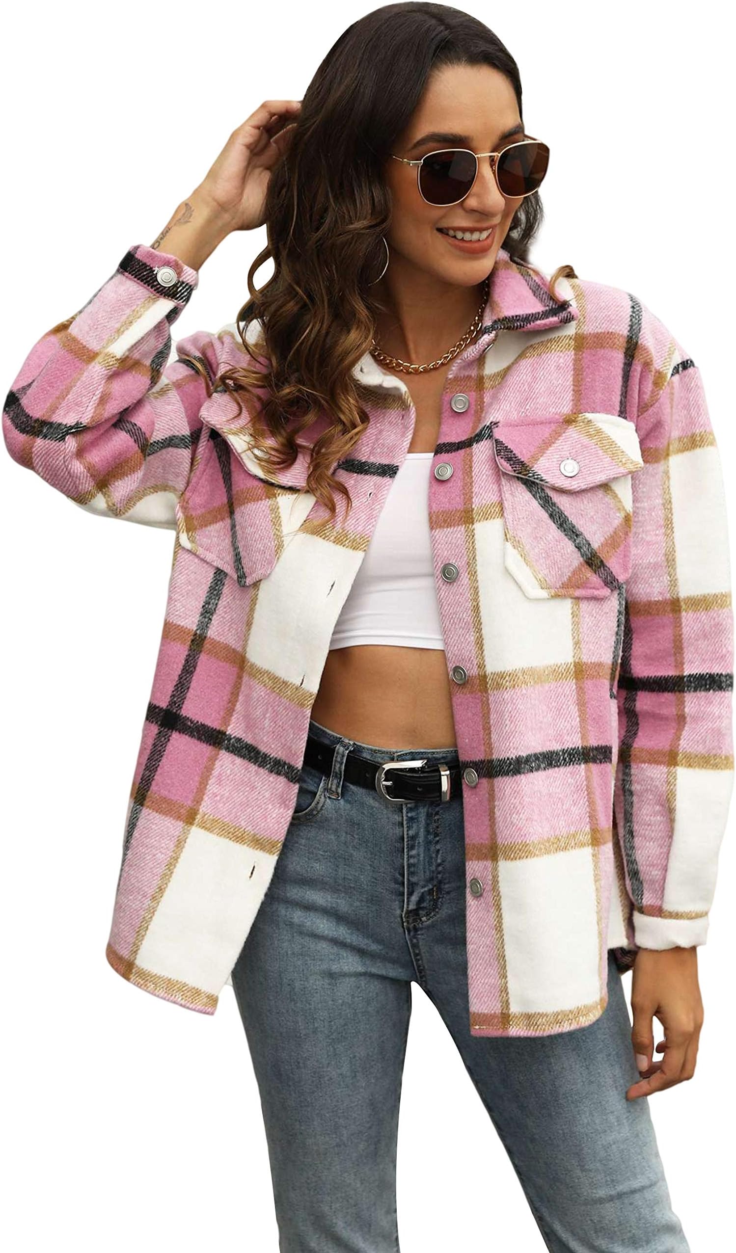 UANEO Womens Plaid Shacket Button Down Wool Blend Fall Flannel Shirt Jacket