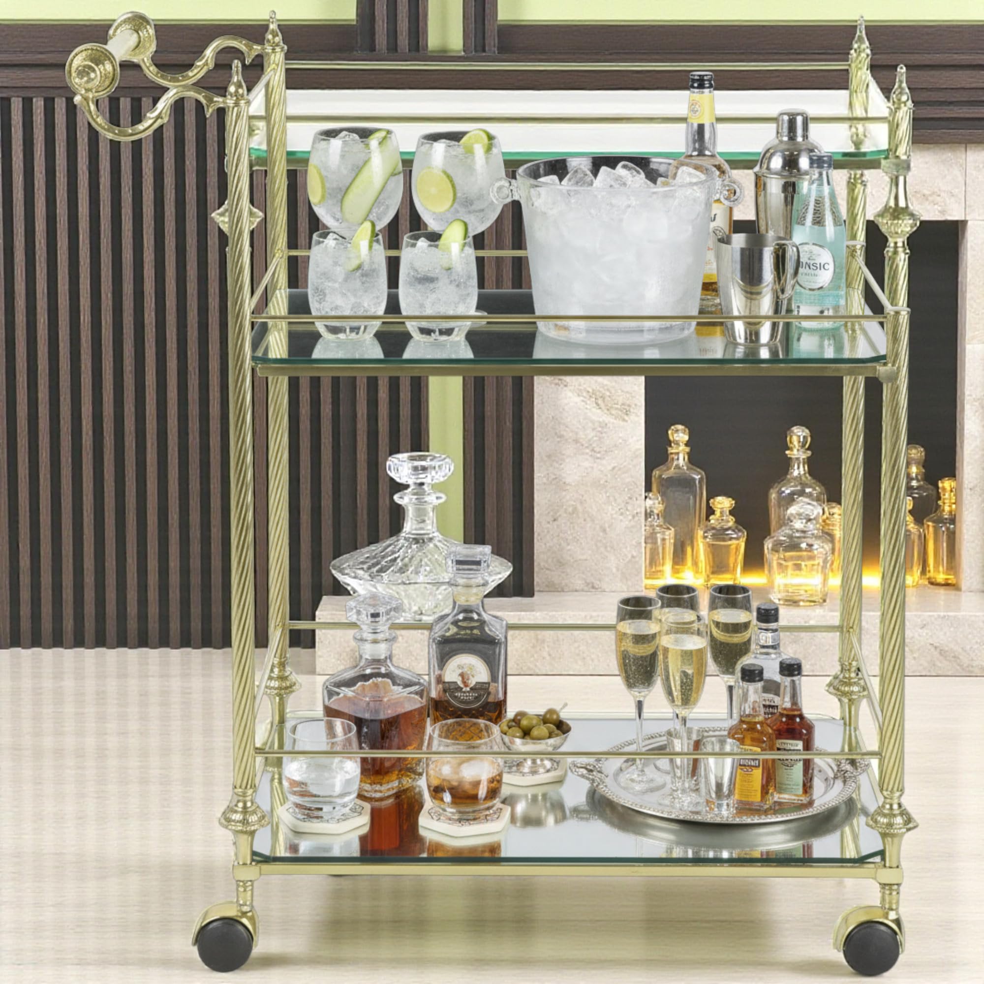Luxus Servierwagen aus Messing mit Glasplatten – Eleganter Barwagen/Trolley im Vintage-Stil – 2 Ebenen – 83x83x84 cm Ausstellungstück Italienischer Kunstwerk