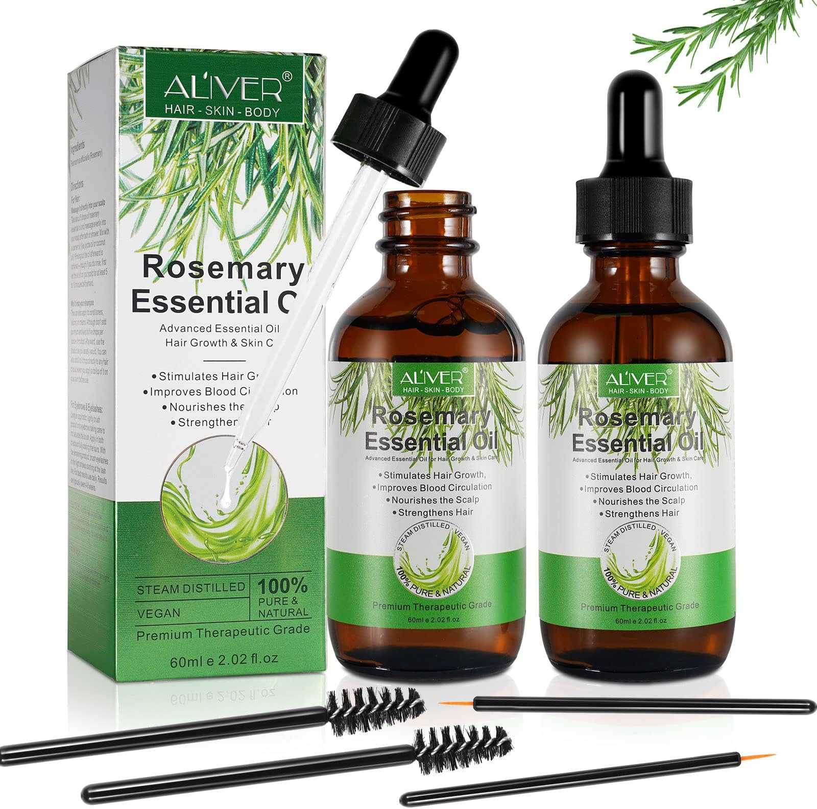 Rosemary Oil for Hair Growth 2 Pack, Pure Rosemary Essential Oil for Eyelashs, Eyebrows, Face, Skin Care, Body Massage, Aromatherapy, Hair Loss Treatment, Nourishes The Scalp,Improve Blood Circulation