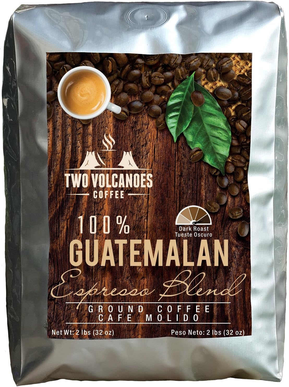 Two Volcanoes Ground Coffee - Dark Roast Espresso Blend - 2 lb bag - Guatemala Delicious Gourmet Coffee. Great for French Press. Get The Kick, Enjoy The Smoothness!