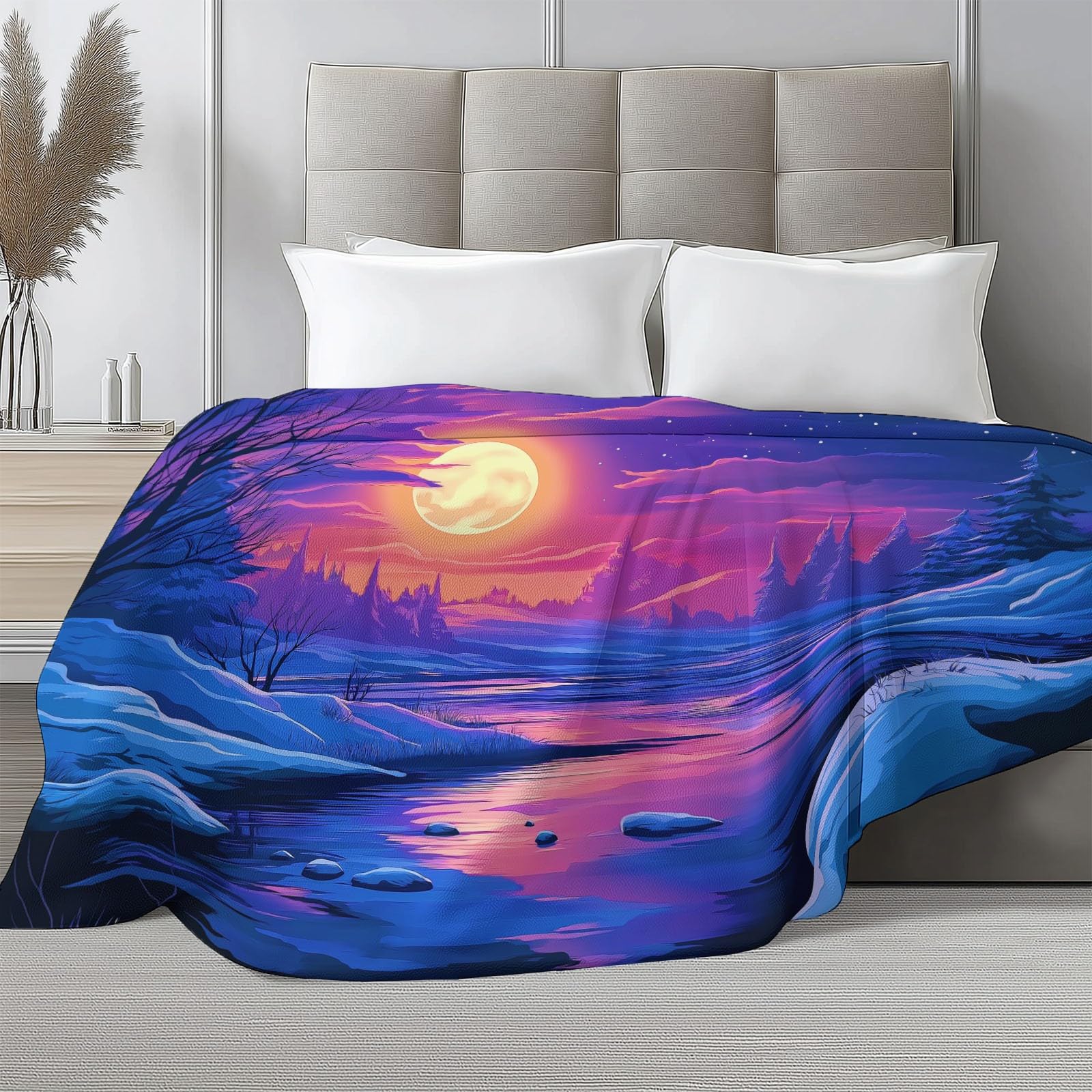 Manta de franela para paisajes de invierno, 220 x 240 cm, manta de forro polar de microfibra polar para todas las estaciones para viajes, sofá para viajar, cama, sofá para niños, adultos, azul zafiro