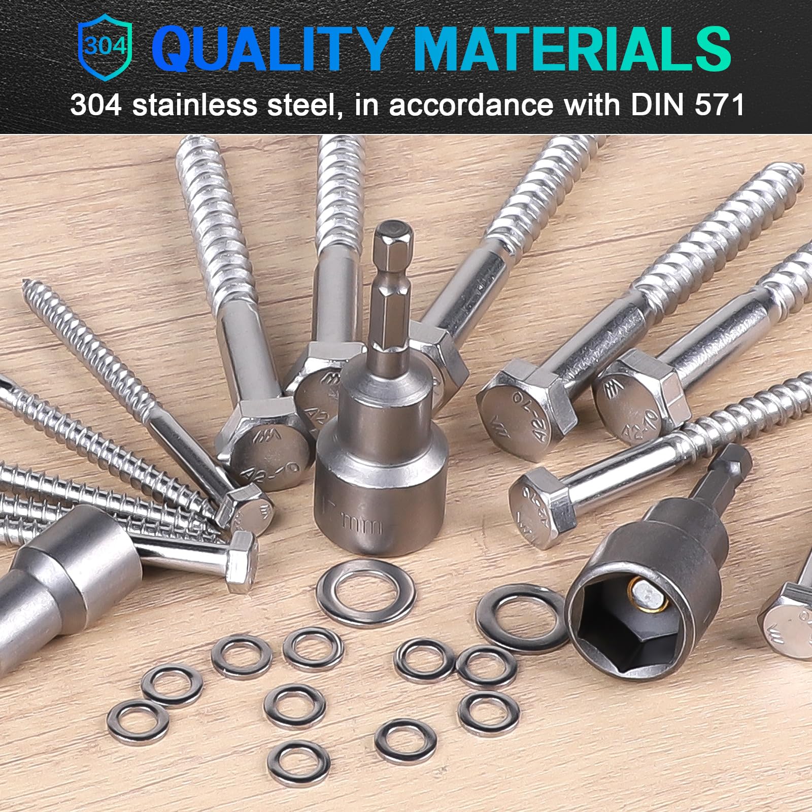 MIGUBIGU Hexagon Wood Screws Stainless Steel M10 x 100 mm with Sealing Washer and Hex Socket Spanner Key Screws Hexagonal Screws Stainless Steel Screws Wood Pack of 10 - Image 4