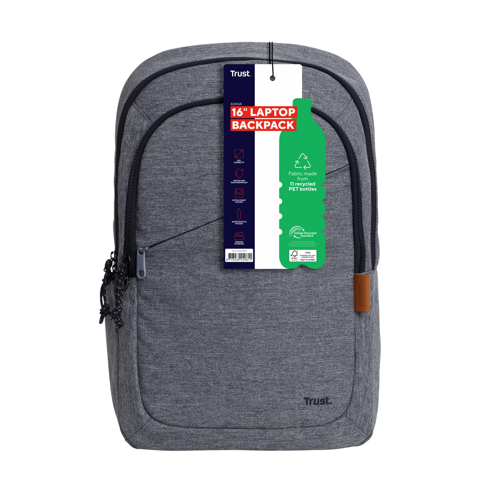 Trust Avana Sac à Dos pour Ordinateur Portable 16 Pouces, Sac a Dos Voyage 20 Litres à Partir de Plastique Recyclé, Backpack pour Femme Homme PC Loisir Collège Affaire Travail - Gris