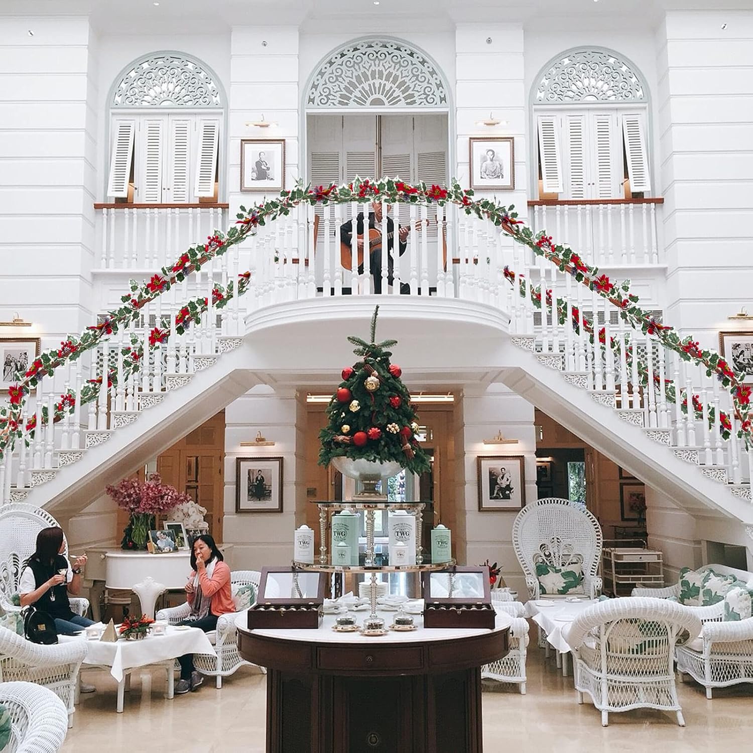 3 Pack Christmas Poinsettia Garland 25.5 Feet Artificial Poinsettia Vines with White-Edged Green Holly Leaves & Red Berries & Pinecones for Xmas Tree Home Deck Railing Staircase Decorations - Image 6