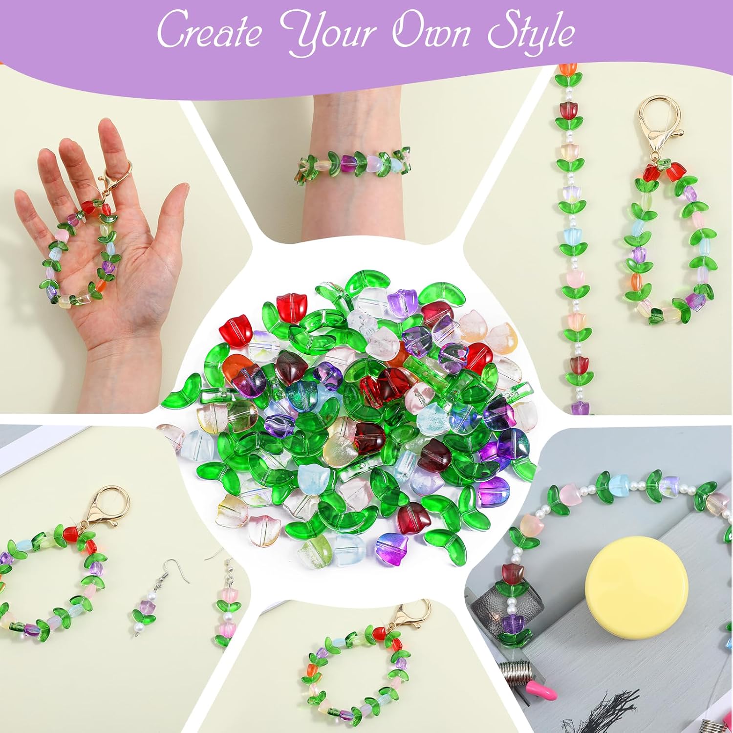 120 Pcs Tulip Flower Beads for Jewelry Making Glass Flower Beads Translucent Bracelet Bead Colorful Handcrafted Crystal Loose Glass Bead for Necklaces Earring DIY Craft Gifts Wedding Birthday - Image 7
