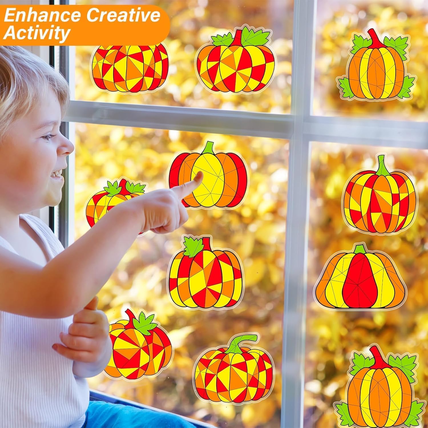 Qyeahkj 30pcs Thanksgiving Fall Pumpkin Suncatchers Crafts Kit for Kids, DIY Fall Arts Crafts Coloring Autumn Window Clings Stickers with 8 Painting Markers for Home Classroom Party Decorations