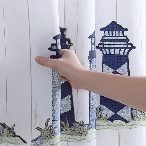 Miniatura 5 de Lighthouse - Cortina de ducha de playa gris claro con estampado de océano, moderno, gris, impermeable, tela blanca, a rayas, 72 pulgadas de ancho x