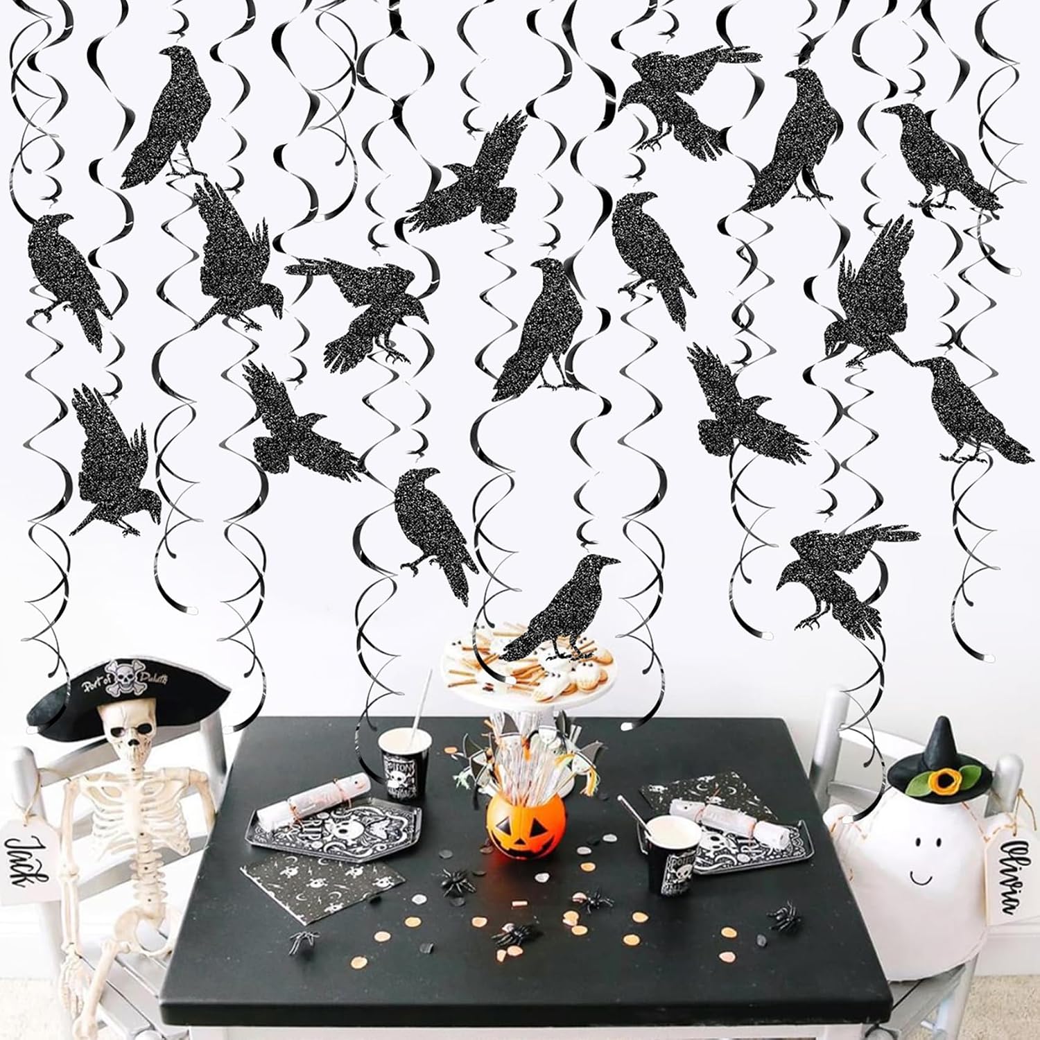24 Pcs Crow Hanging Swirls Crow Ceiling Decorations Black Crow Party Decorations Crow Party Supplies for Crow Birthday Party Decorations Halloween Party Decorations image 5