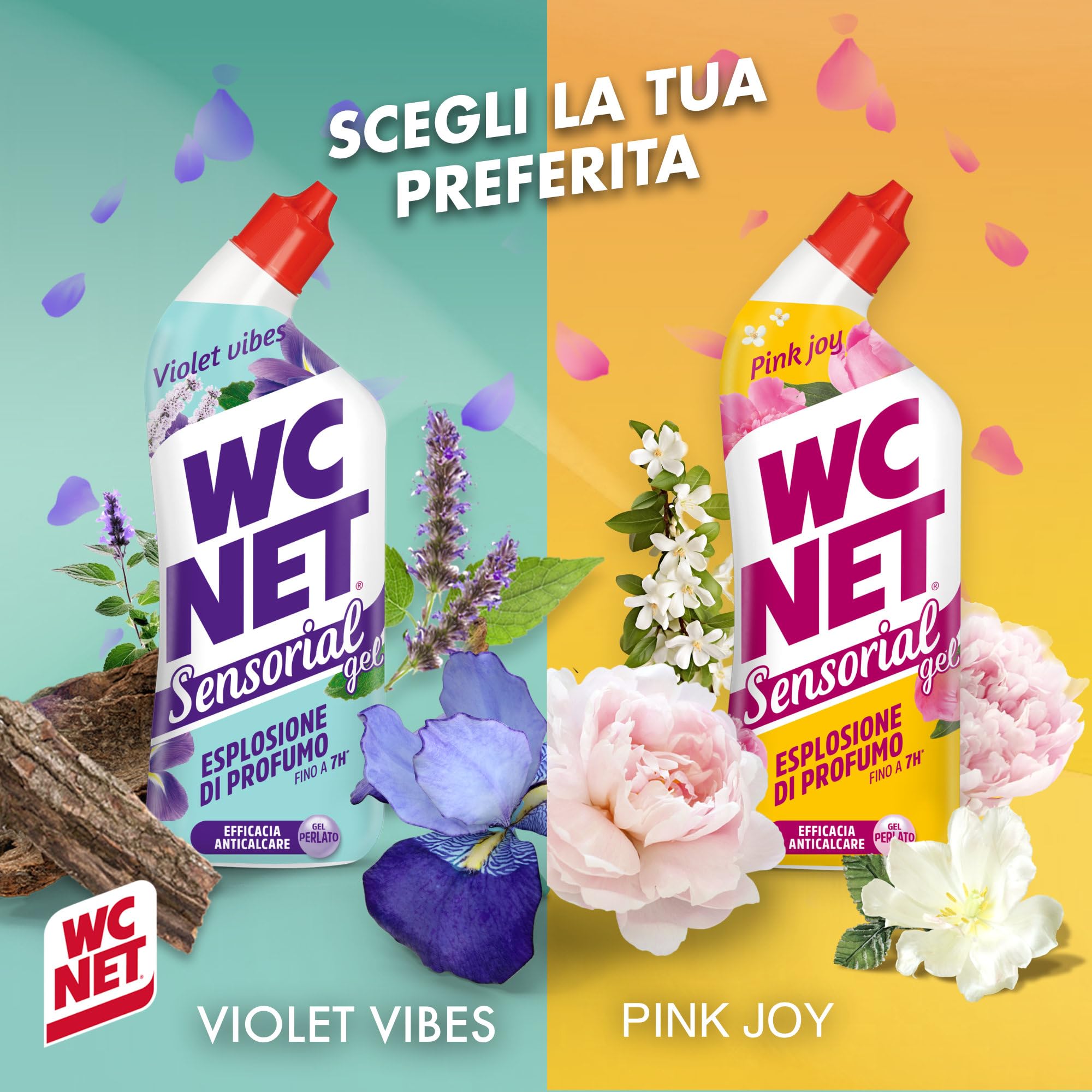 Wc Net Gel Sensorial Pink Joy, Peonia e Muschio Bianco, 700 ml x 12 | Igienizza il WC e previene il calcare, formula in gel con effetto perlato, pulito profondo e profumo a ogni scarico