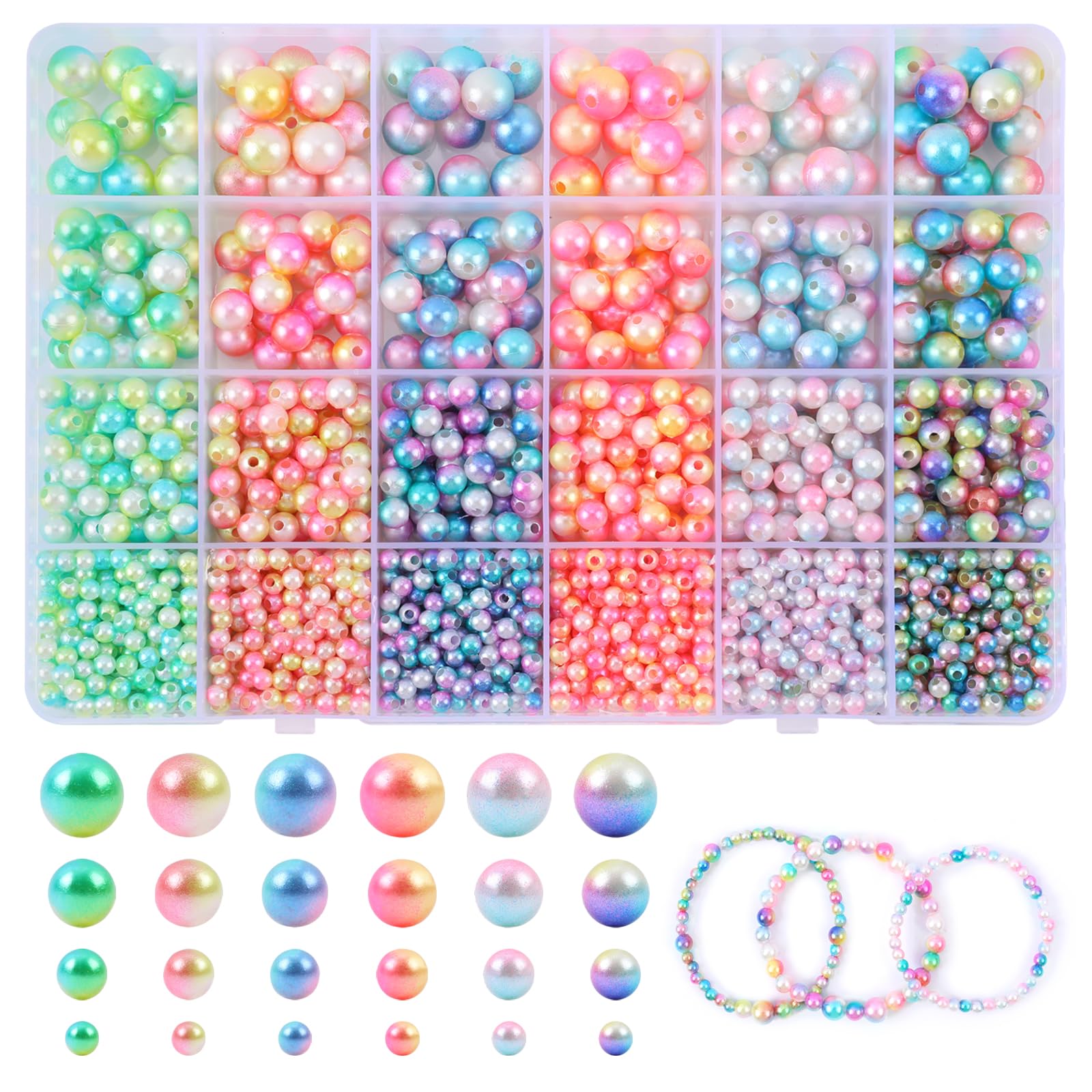 Bracelet Making Kit 6 Colors Rainbow Plastic Beads Gradient Pearls Beaded ABS Pearl Beads for DIY Earrings Necklaces Bracelets Jewelry Making Kit DIY &Crafts Birthday Christmas