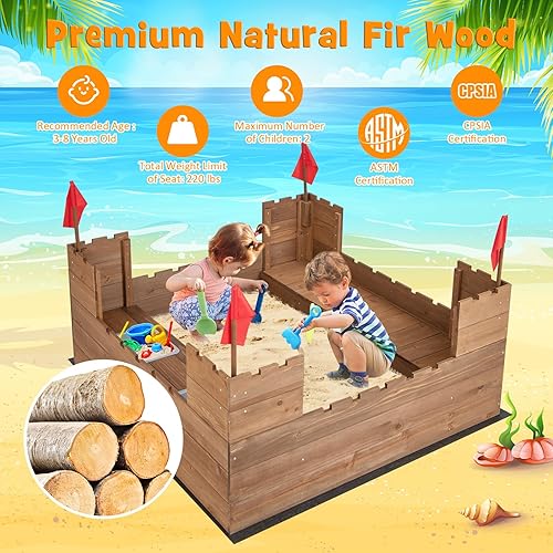 Miniatura 7 de Costzon Caja de arena para niños, pozo de arena de madera de cedro de 45 x 45 pulgadas con asientos de banco integrados, cajas de almacenamiento,