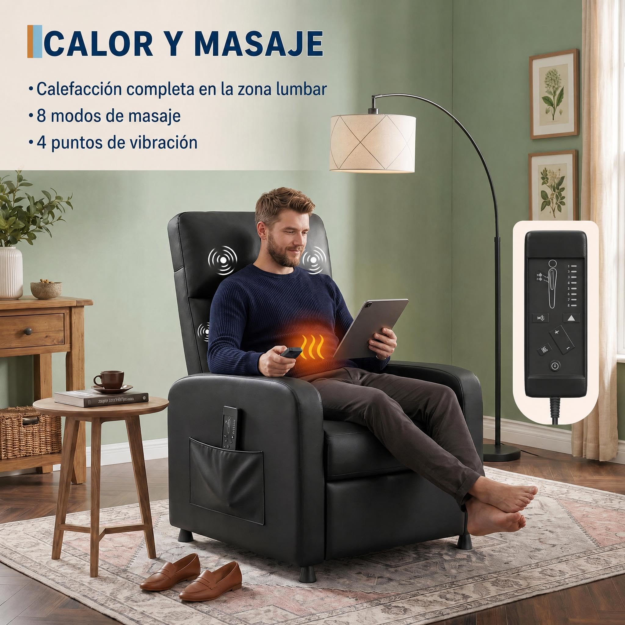 GarveeLife Sillón Relax Reclinable Eléctrico con Masaje de 4 Puntos y Calefacción Lumbar, Tapizado en PU, Reposapiés Eléctrico, Puerto USB C, Negro