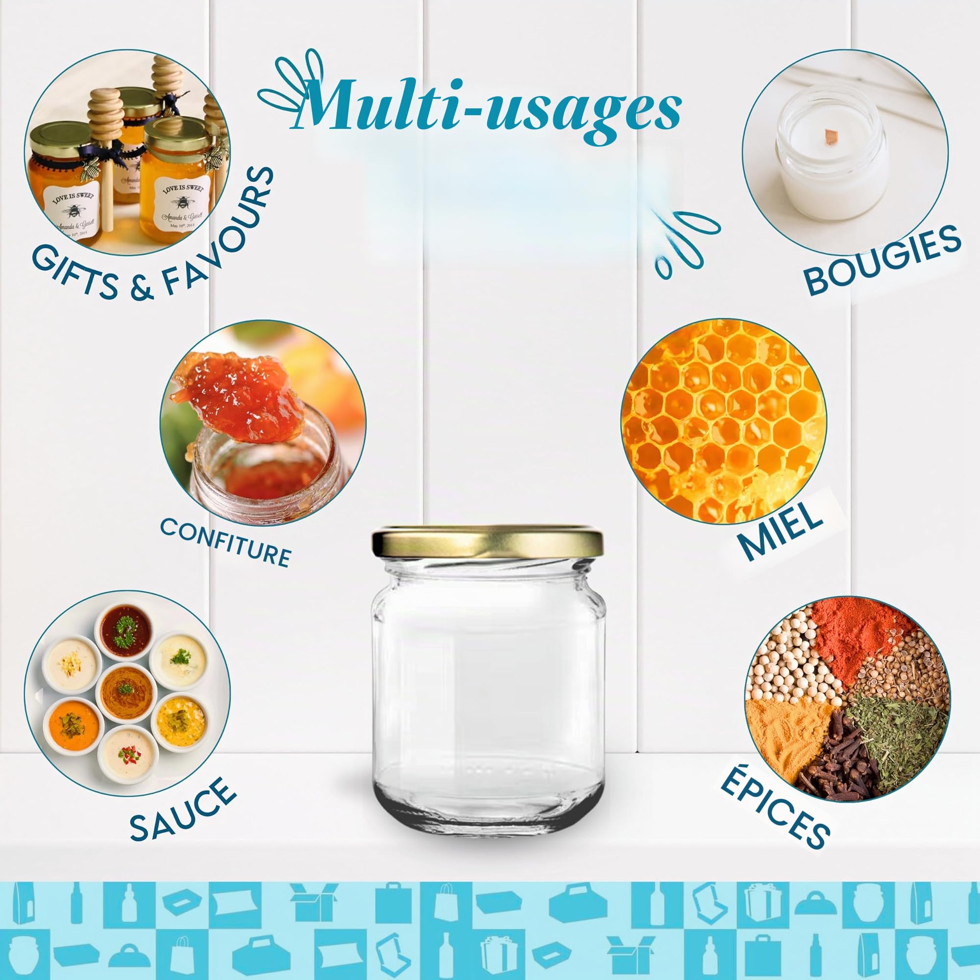 Espirito Rebelde Lot de 20 pots en verre vides avec couvercle de 130 ml avec 20 bôites en carton pour 1 pot de confiture - Inclut un couvercle à vis doré, pour confitures, conserves, miel