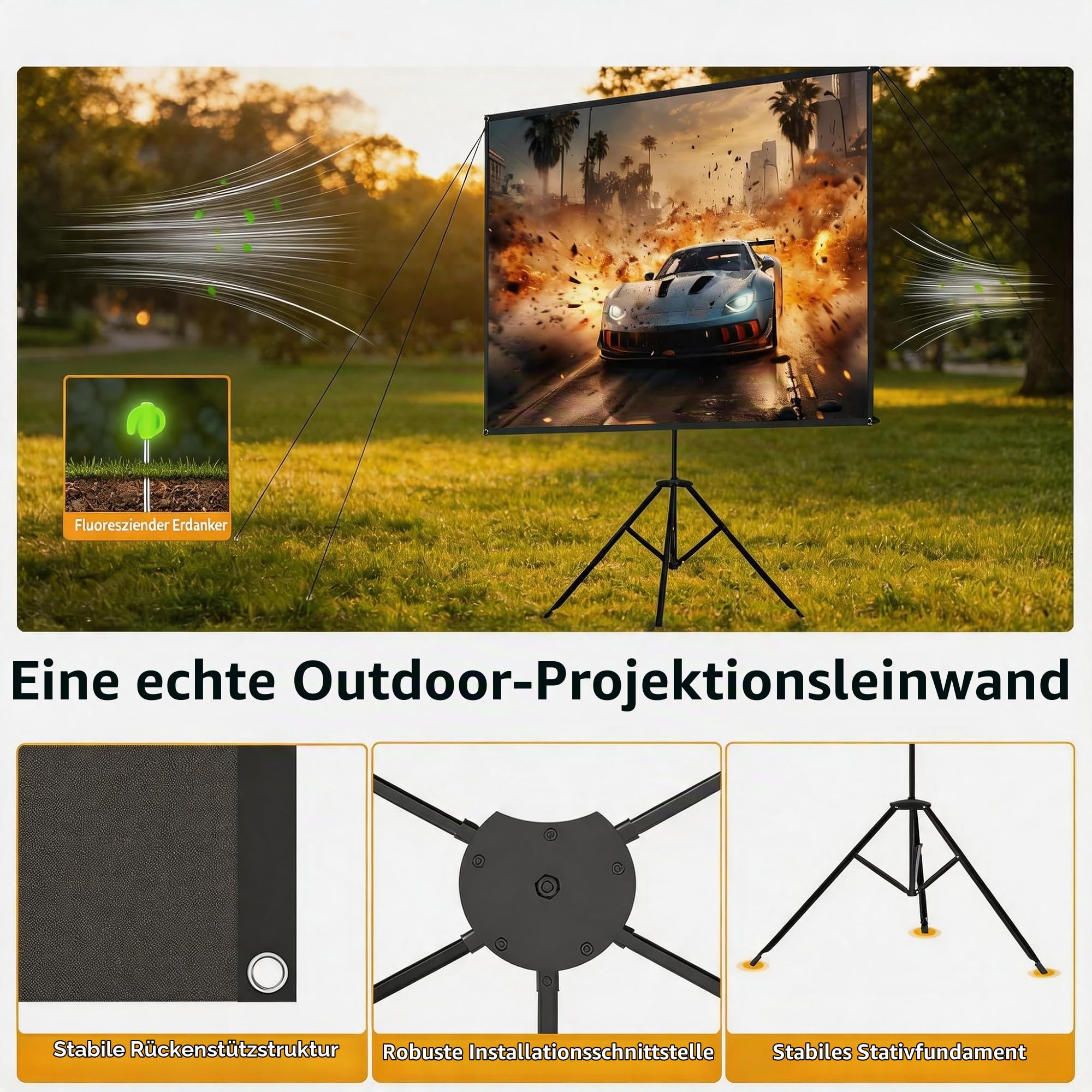 WASJOYE 100 Zoll Beamer Leinwand mit Stativ,16:9 4K HD Beamer Leinwand Outdoor,Windresistentes Design für Projektionsleinwand,inkl.Heringen Seilen,für Home Party, und innen/außen Filme,222 * 125cm