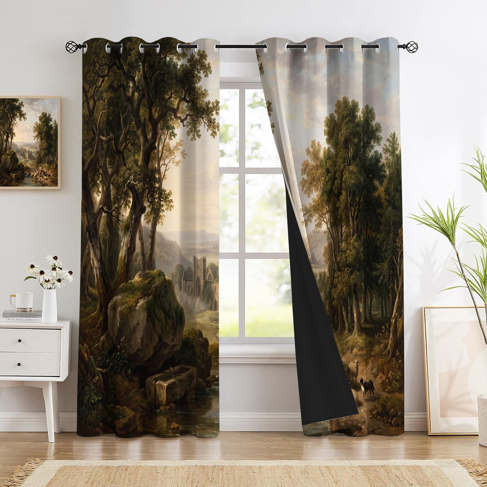 Rideau occultant forêt et ruisseau vert foncé 140x240cm lot de 2