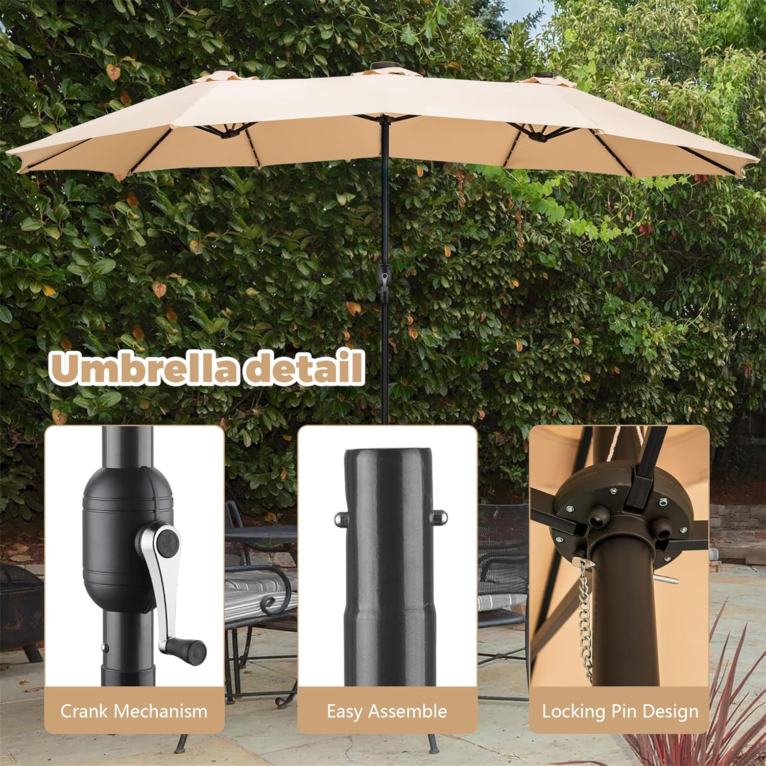Saemoza 15FT Double-Sided Patio Umbrella, Outdoor Extra Large Umbrella with Crank, Market Table Umbrella with 48 LED Lights for Pool Lawn Garden (Khaki)