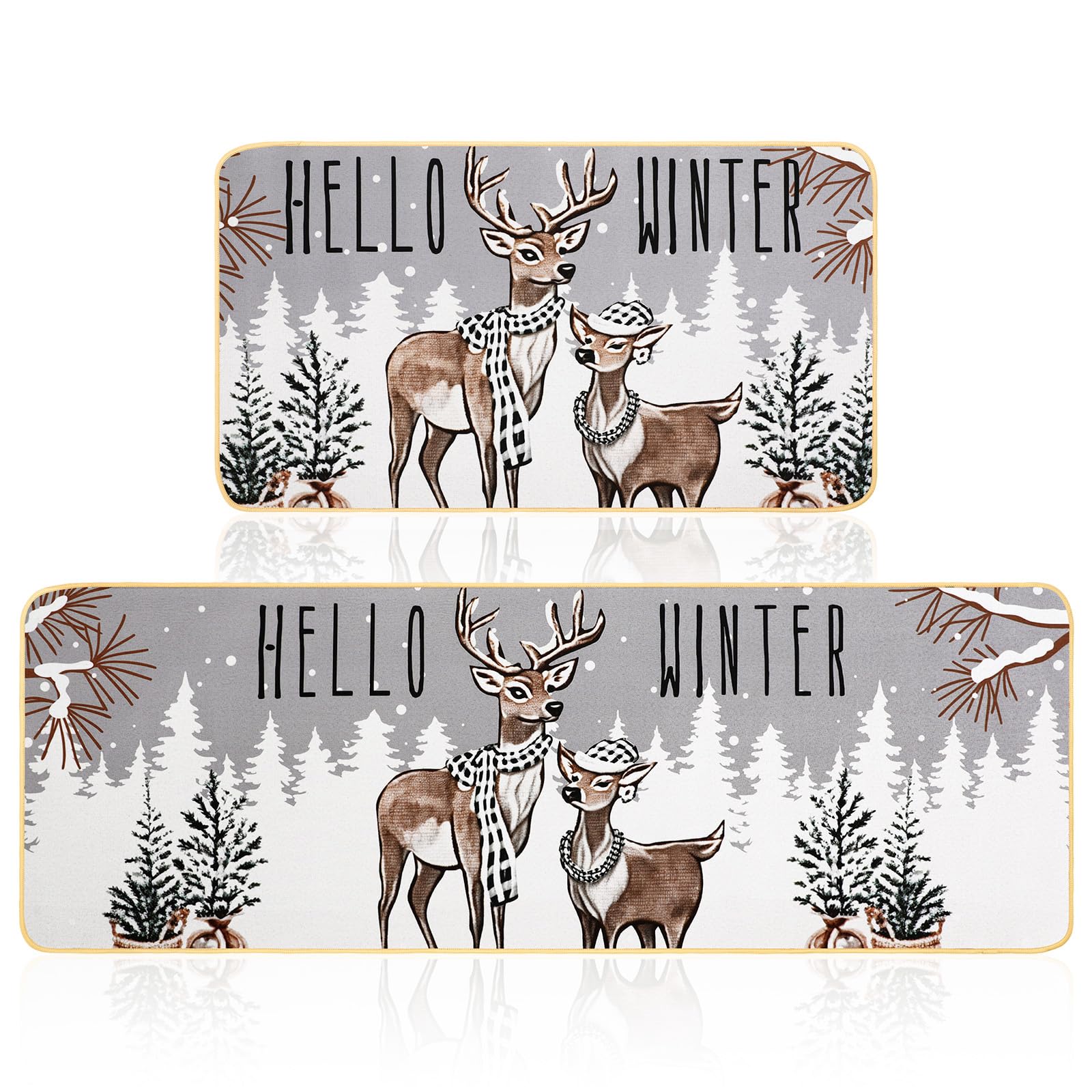 Tinideya Hello Winter Kitchen Mats Set of 2 Reindeer Kitchen Rugs Christmas Rug Forest Mat Non Slip Rugs for Winter Farmhouse Rustic Home Xmas Decor