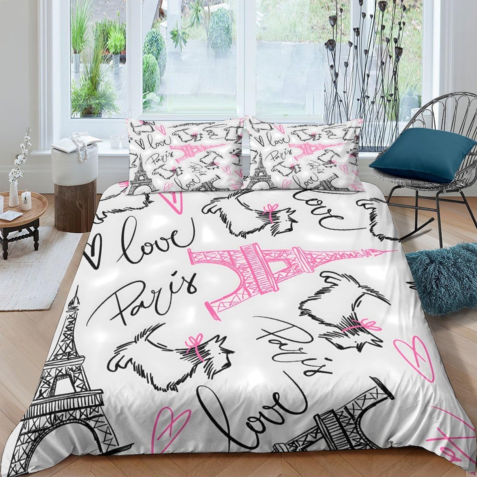 Ctjqhvkz Style-4 3D Printed Paris Eiffel Tower Fitted Sheet Microfiber Pink Dog Sketch Bed Cover For Bedroom Dorm Decor Mattress Protection Single（135X200cm）