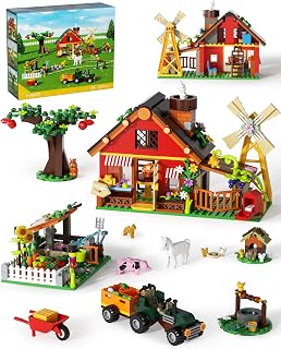 Farm House Building Set, Farm Set with Tractor Toys and Windmill, Farm Building Kits with Horse Cow and Chicks, Educational Toys for Kids Ages 6+ Easter Present Home Decoration