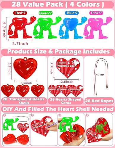 Miniatura 3 de Caja de corazón llena Paquete de 28 tarjetas de San Valentín para niños en el aula en forma de corazón, juguete elástico pegajoso, regalos de San