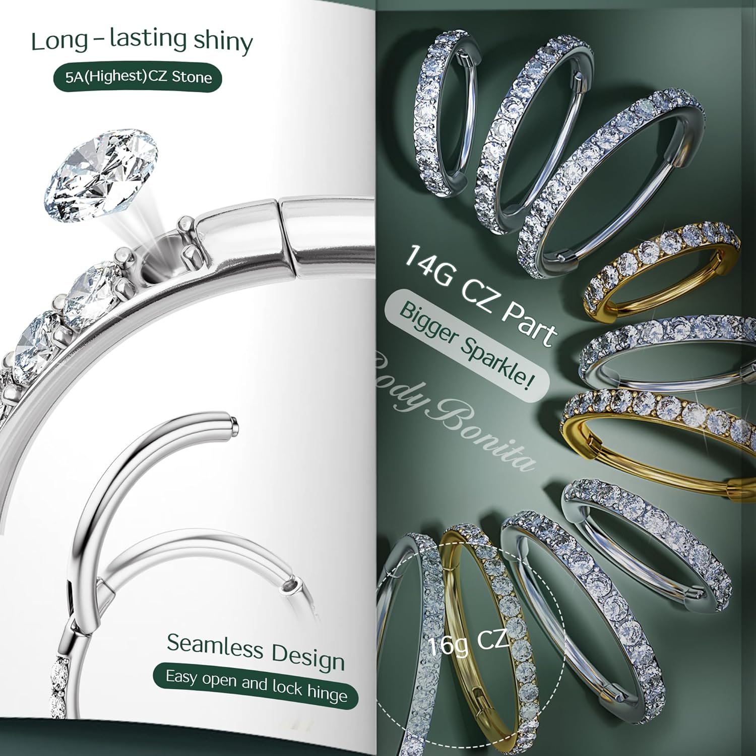 BodyBonita G23 Titanium CZ Nose Rings Hoops - 20G/18G/16G/14G Septum Rings Nose Hoop Clicker Cartilage Earring for Women Helix Rook Tragus Conch Piercing Jewelry Daith Ring Silver/14k Gold Plated - Image 4