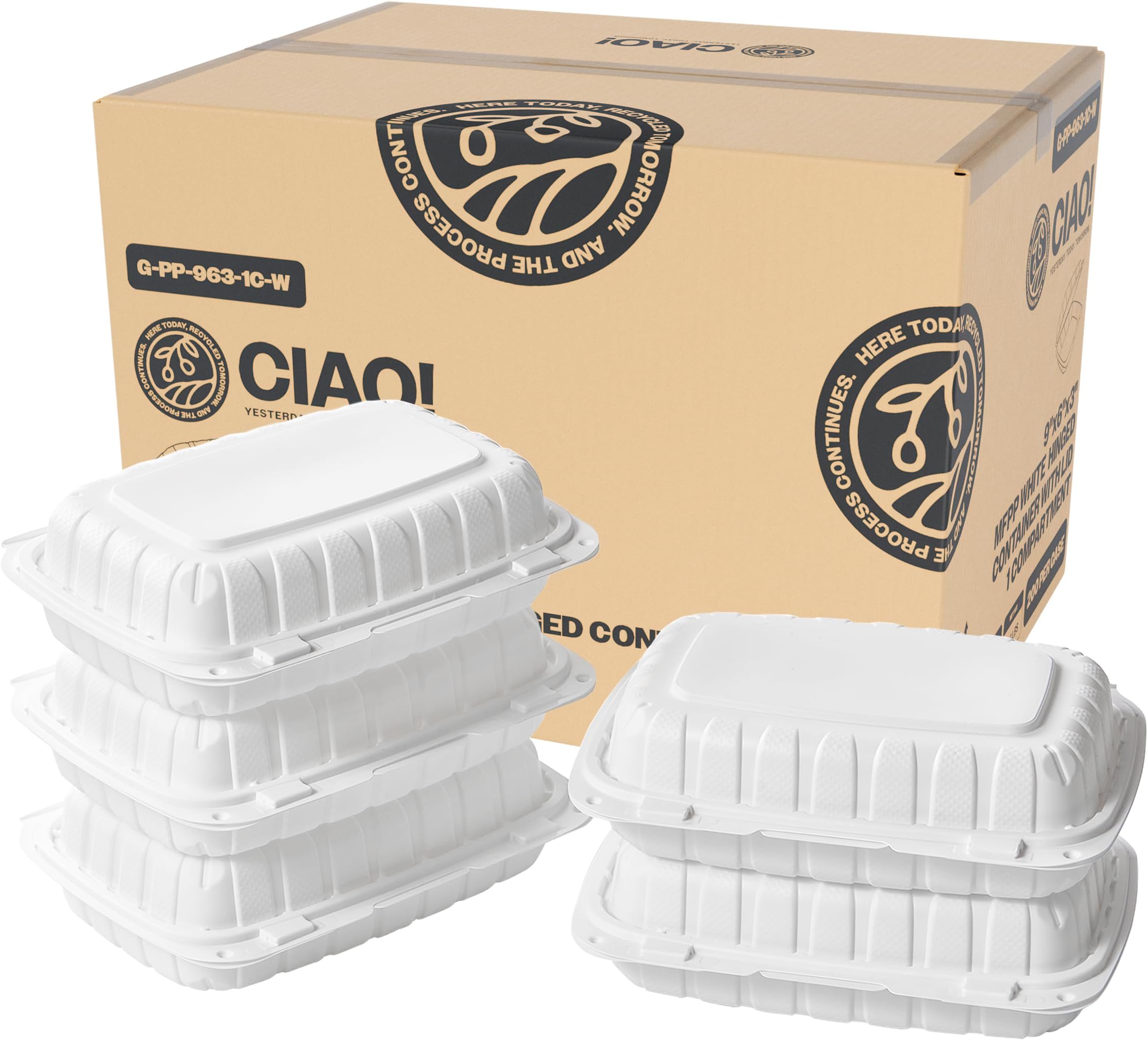 - CIAO! 9"x6"x3" MFPP White Hinged Container With Lid 1 Compartment (Case of 200)