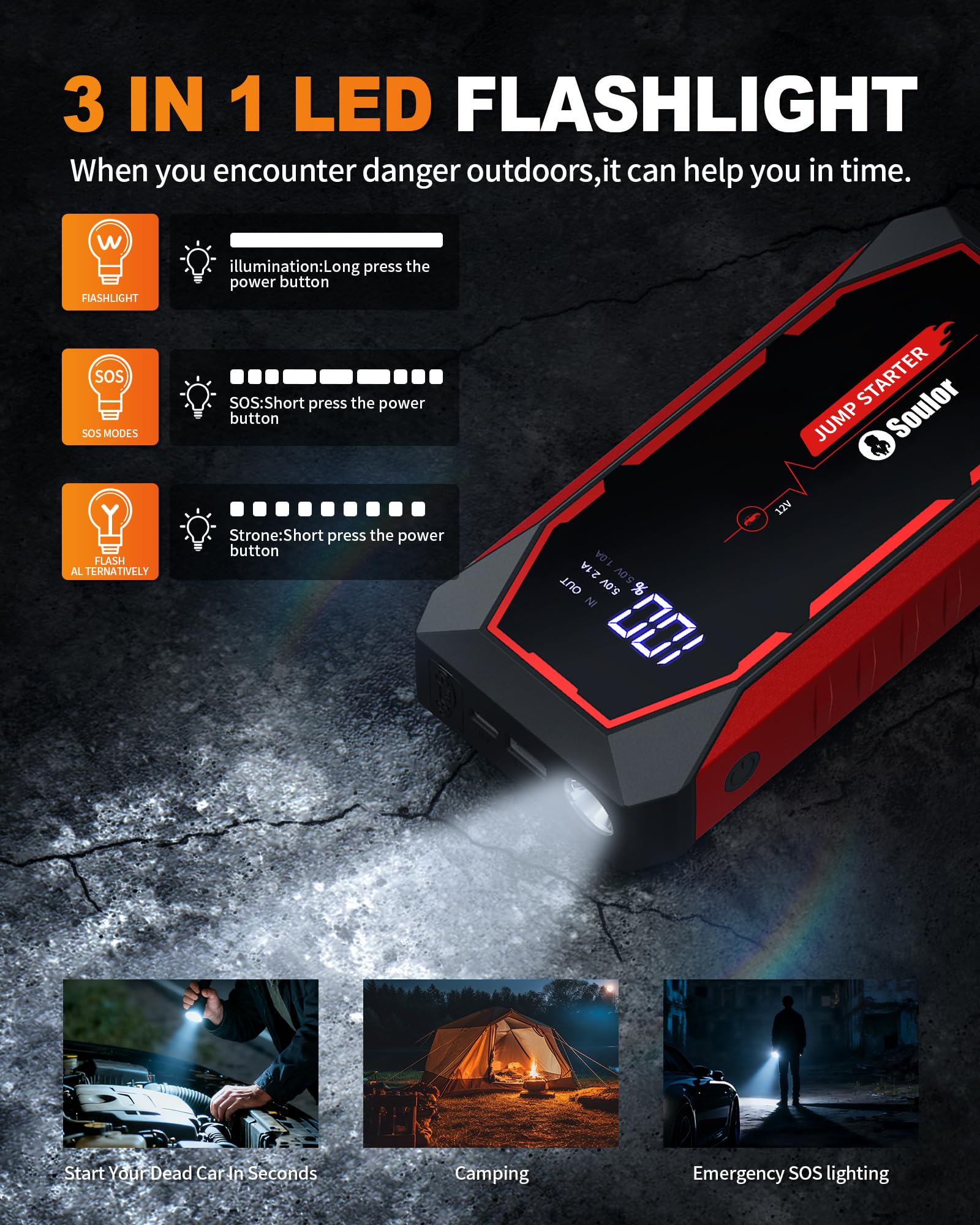 Avviatore di emergenza per batteria auto, 5000 A, portatile, per motori fino a 8 l a gas e diesel da 6 l, caricabatterie da auto da 12 V, con cavi di avviamento e luce LED