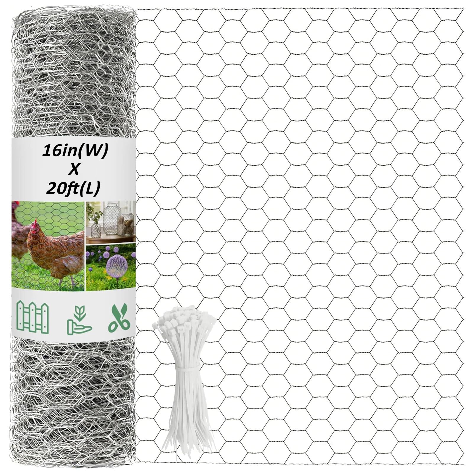 16inX20ft Chicken Wire Fencing Mesh, Heavy Duty Metal Chicken Wire Fence with 50 Ties for Crafts Poultry Gardening Hexagonal Galvanized Hardware Cloth Netting for Chicken Coop Barrier Rabbit Cage - 1