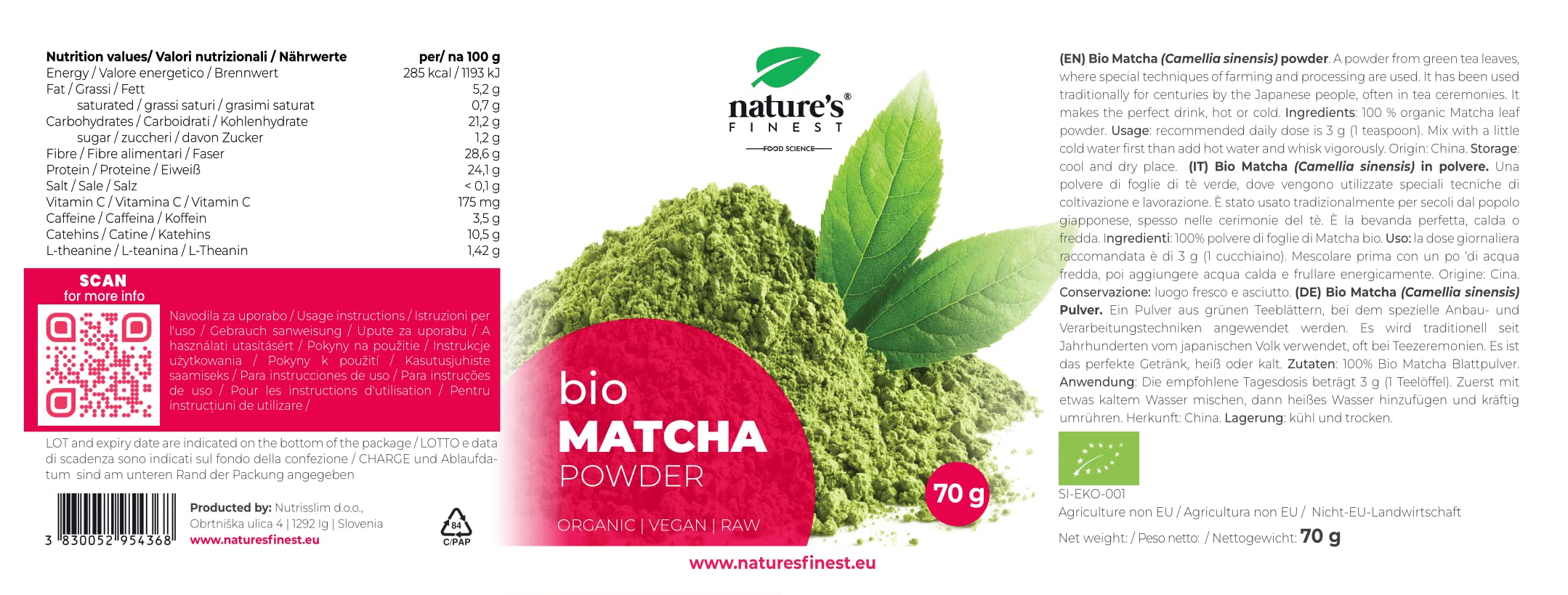 Nature's Finest Matcha Bio in Polvere, Tè Solubile 350 g (5x70 g) | Tè verde matcha bio macinato a pietra - 100% puro, vegan, senza additivi - per matcha latte, tè, dolci e frullati