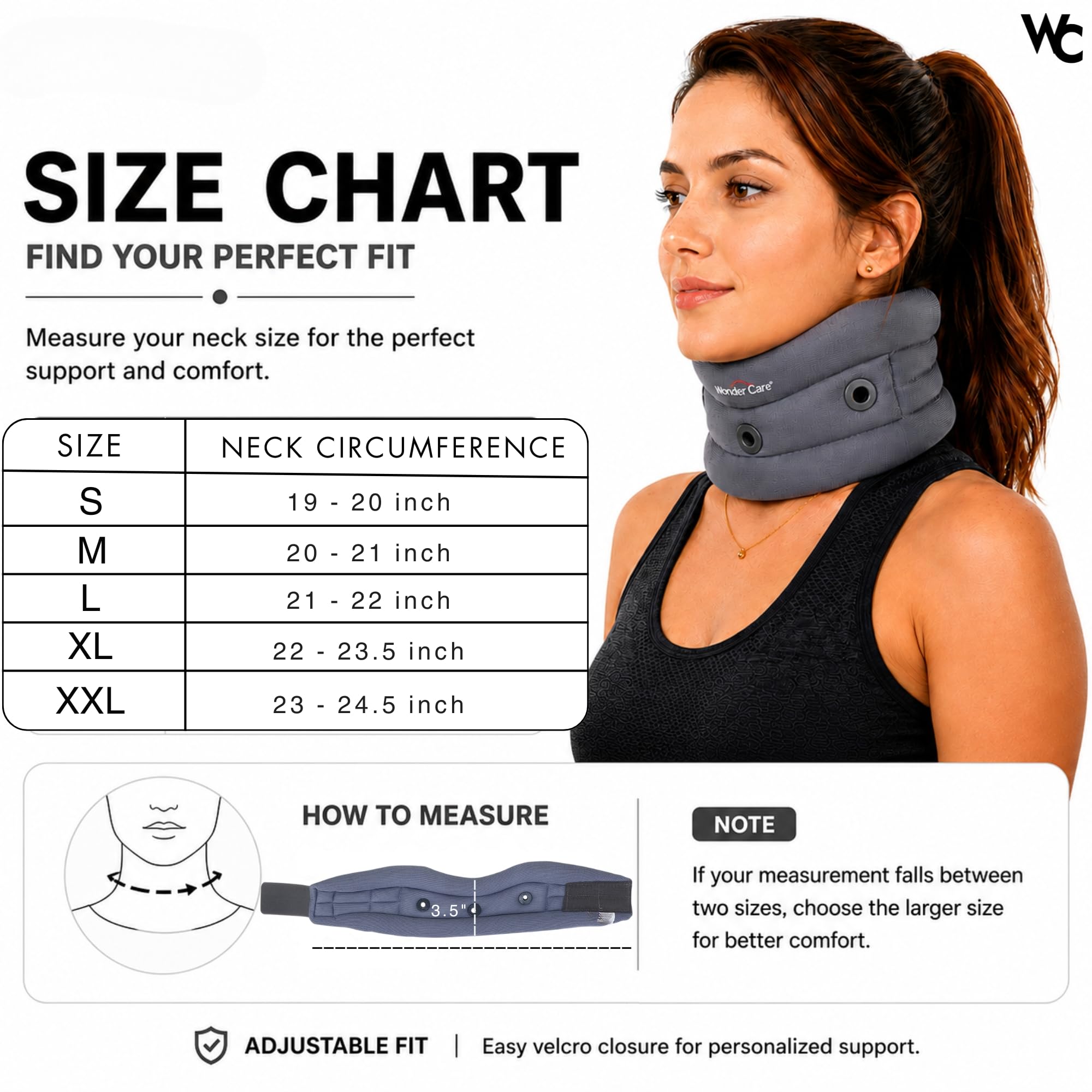 Wonder Care WC- Support de col souple Support de cou réglable Support de cou doux Support pour douleurs au cou et soutien pour hommes et femmes_C101l_grey