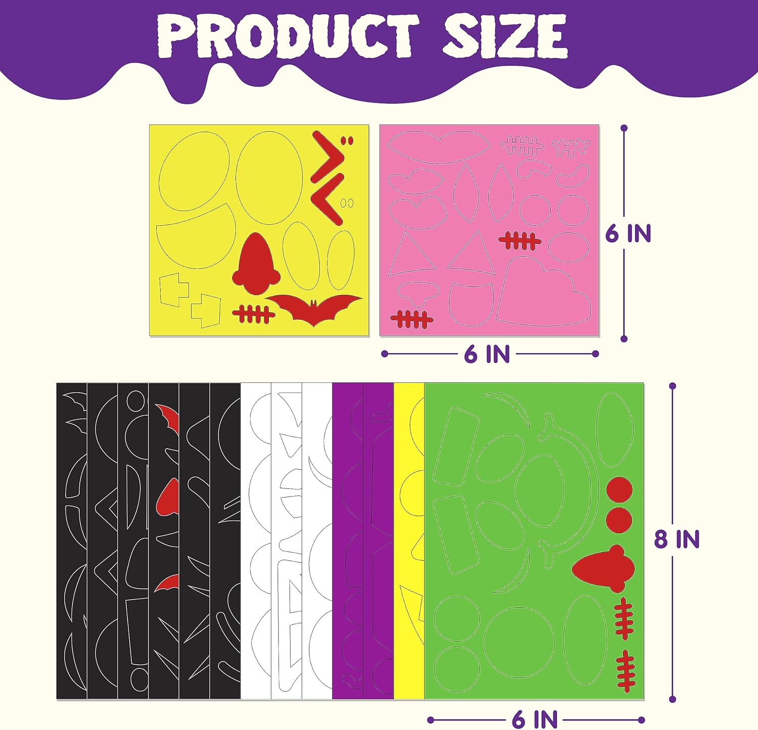 Image showing the dimensions of the foam sticker sheets, with yellow and pink sheets measuring 6x6 inches, and black, white, purple, and green sheets measuring 8x6 inches.