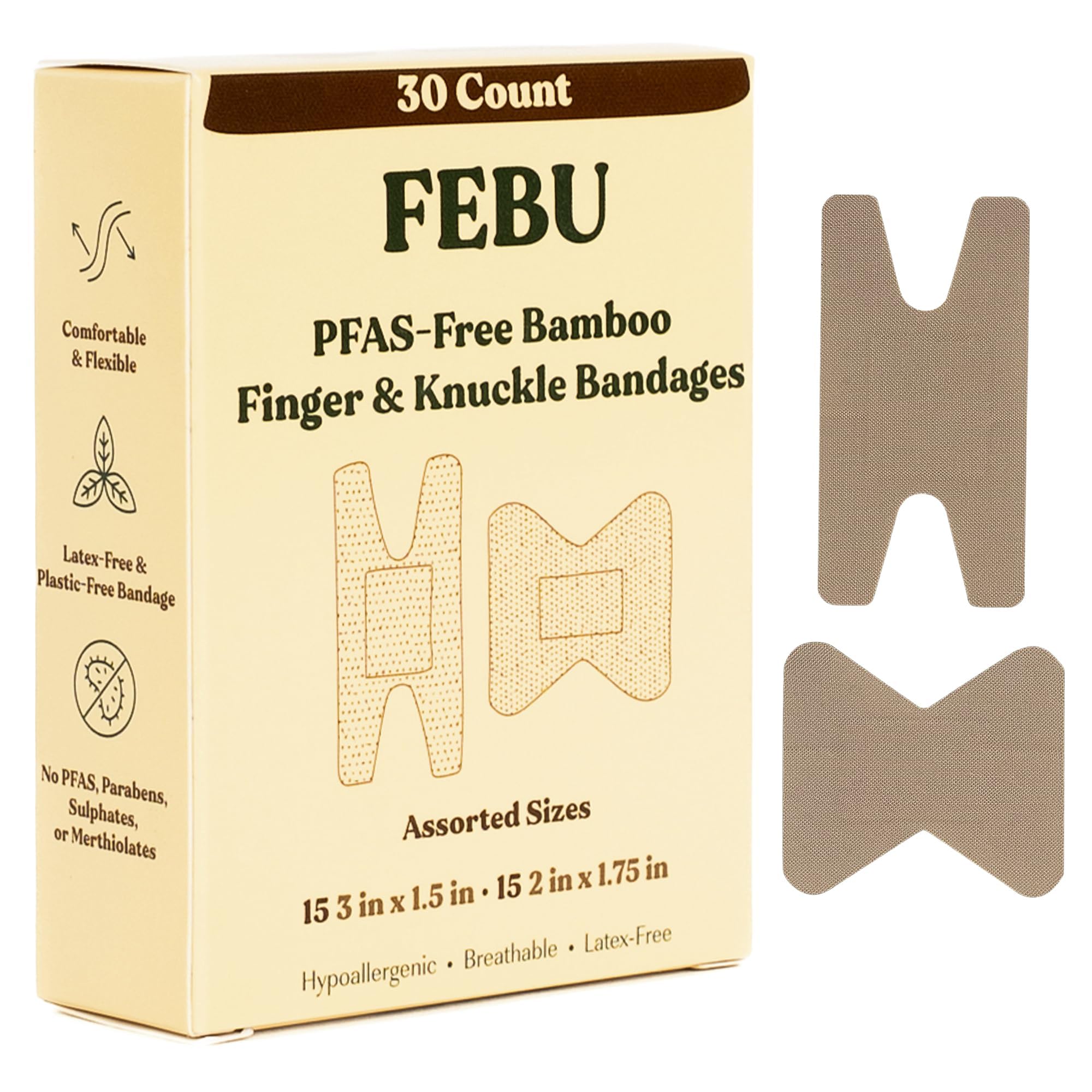 FEBU Eco-Friendly Bamboo Fingertip Bandages | PFAS Free Knuckle Bandages for First Aid | Flexible Fabric Wound Dressing | Fully Compostable, Latex Free Bandage | 30 Count Knuckle & Finger Bandage
