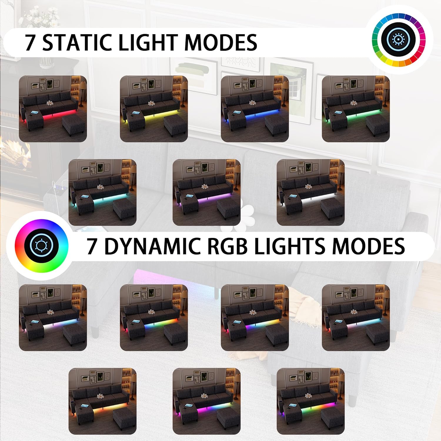 Examples of 7 static and 7 dynamic RGB light modes