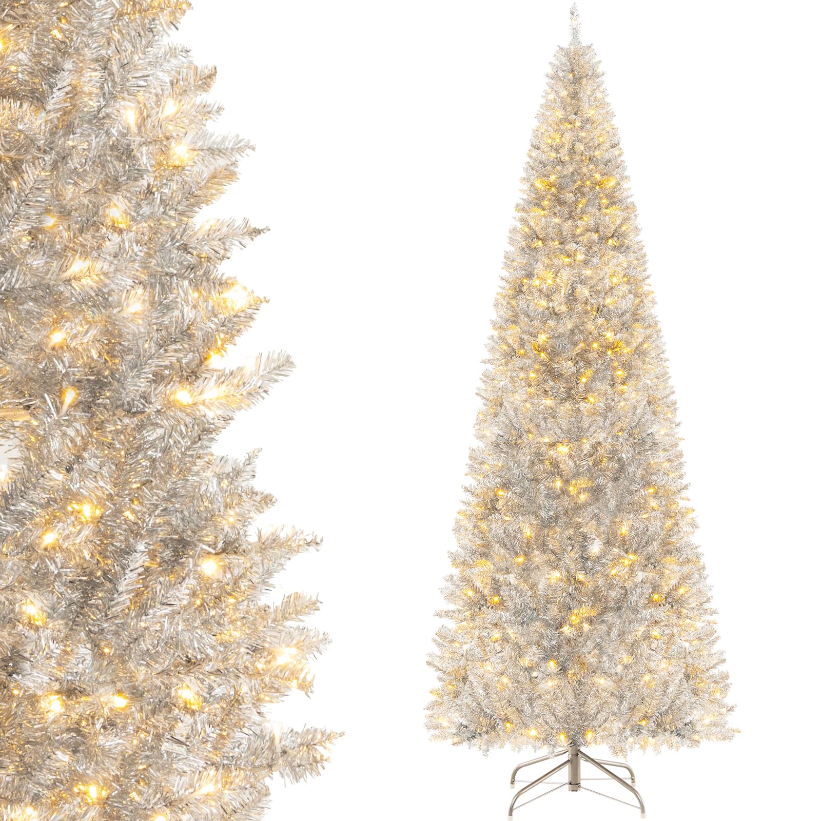 Goplus 7ft Pre-lit Silver Pencil Christmas Tree, Artificial Tinsel Electroplated Tree w/ 400 Warm-White LED Lights, 1030 Branch Tips, Metal Stand, Hinged Slim Xmas Tree Holiday Party Decor for Home