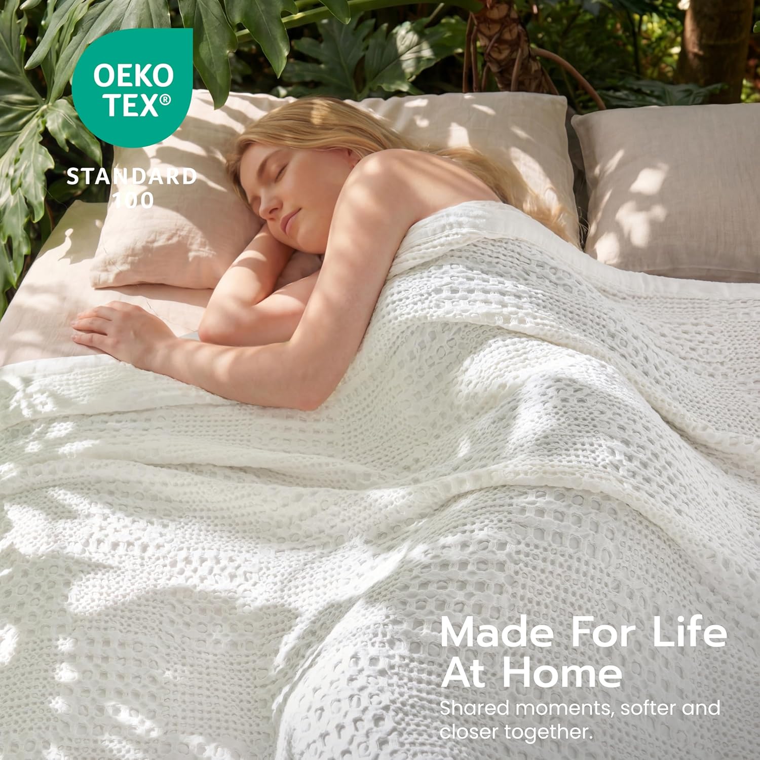 Joiedomi Cooling Waffle Blanket - Turkish Cotton Queen Size Soft White Blanket, Summer Breathable of Rayon Derived from Bamboo for Hot Sleepers, Luxuries Throw for Bed, Couch and Sofa, 90x90 Inches - Image 2