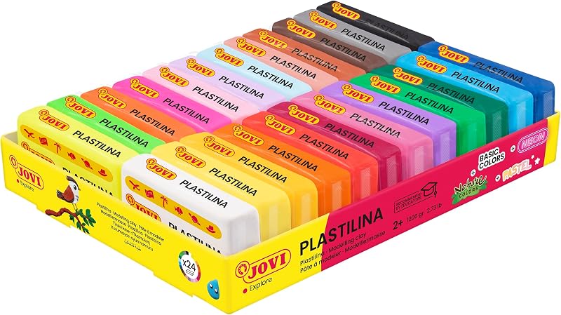 Jovi Plastilina - Arcilla de modelado reutilizable que no se endurece, 24 barras, 1,75 oz cada una | A base de plantas, no tóxico, sin gluten, para niños a partir de 3 años Reutilizable Ideal para manualidades y juegos