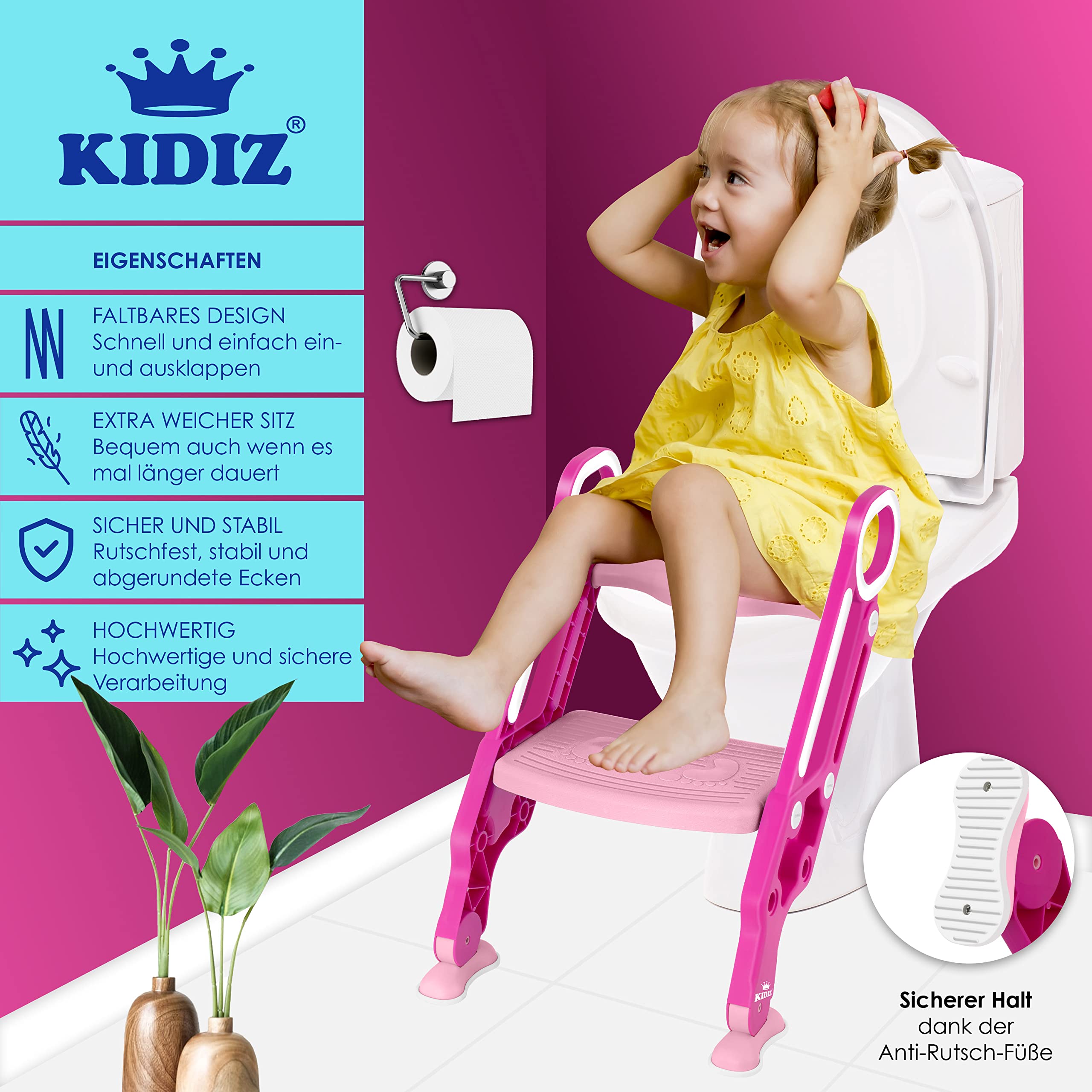 Kidiz Toiletbril Met Trap Voor Kinderen - Opvouwbaar, In Hoogte Verstelbaar, Roze - Comfortabel Potjestrainer Met Handgrepen