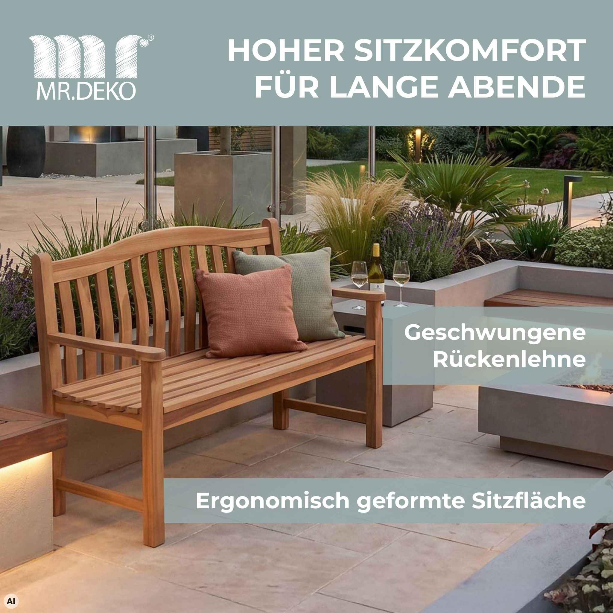 MR. DEKO Gartenbank wetterfest Sitzbank Holz Korfu Design 120x60x94cm