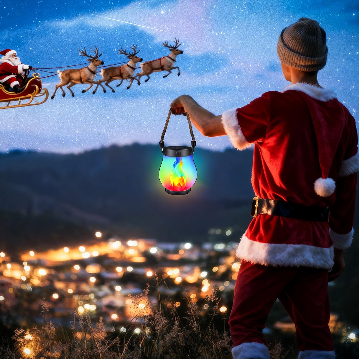 iBaycon 2 Pack Solar Lanterns Lights, Christmas Flickering Flame Garden Lights with 2 Modes Dual Charging USB & Solar, Outdoor Waterproof Hanging Lantern for Holiday Christmas Decor (Multicolor) - Image 7