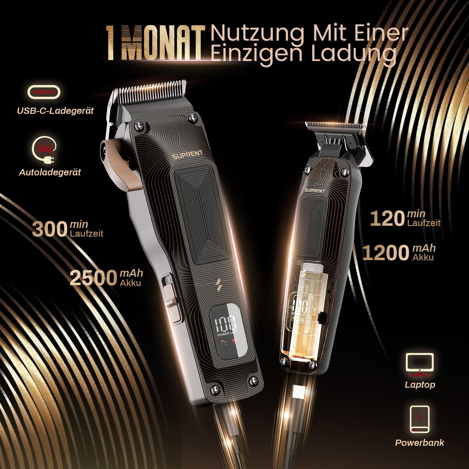 SUPRENT Professionelle Haarschneider Herren, Kabelloser Friseursatz mit 6500 U/min Motor, Spaltlos Einstellbare Klingen, Schwarze Code-Aufsteckkämme & Tasche