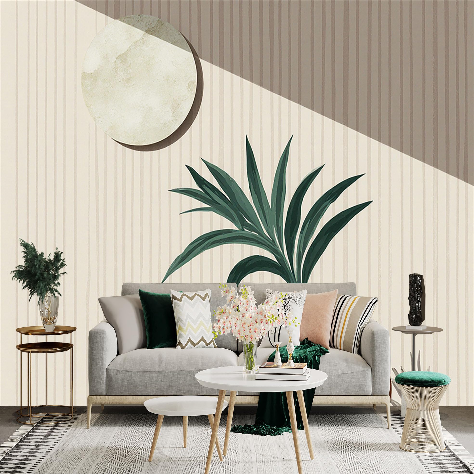 Custom Size Wall Sticker Mural， Minimalist Abstract Tropical Leaves in Terracotta Vases， Sunlight and Shadow Wall Art， For wall decoration， peelandstick wall decals.