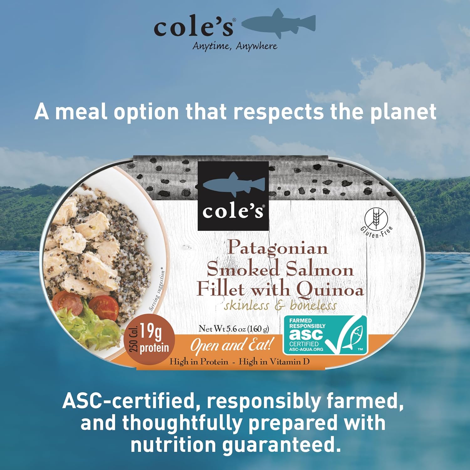 COLE’S - Patagonian Smoked Salmon Fillet with Quinoa| Ready to Eat Meal | 5.6 oz Hand-Packed Canned Fish | 19g Protein | High in Vitamin D | 6 pack