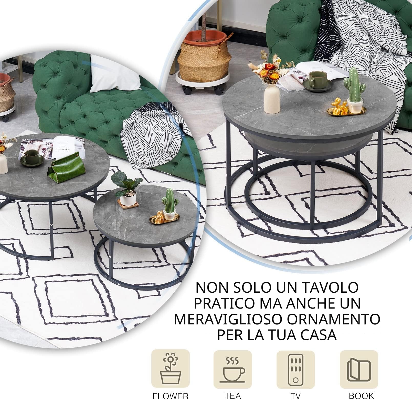 Tavolino da Salotto con cornice grigia, Tavolini da Salotto avec effet marbre gris, Tavolo Rotondo Set de 2, Tavolino Salotto Moderno