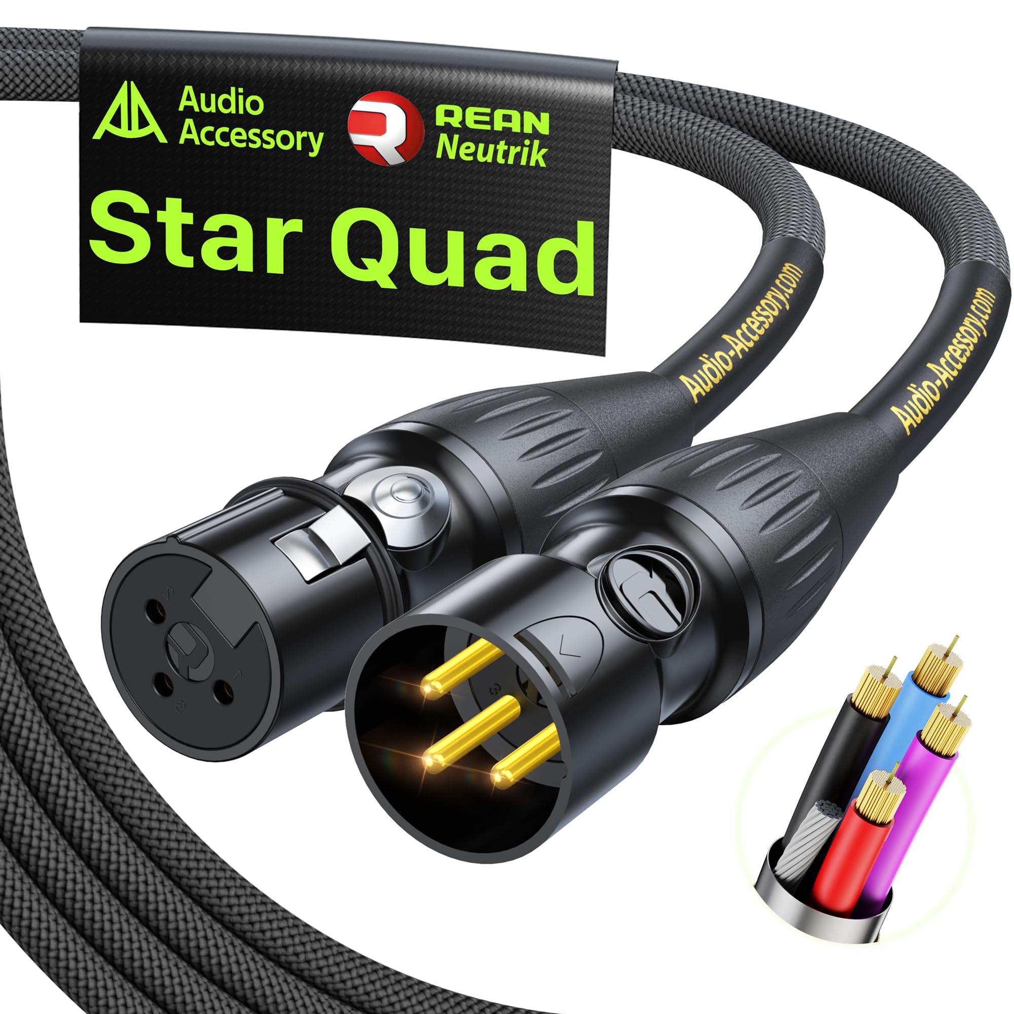 AA AUDIO ACCESSORY Professional Star Quad Studio XLR Cable, Neutrik REAN Gold Connectors, Kevlar-Reinforced Braided 4-Conductor Balanced Microphone Cable, Design for Studio, Streaming, Recording 6ft