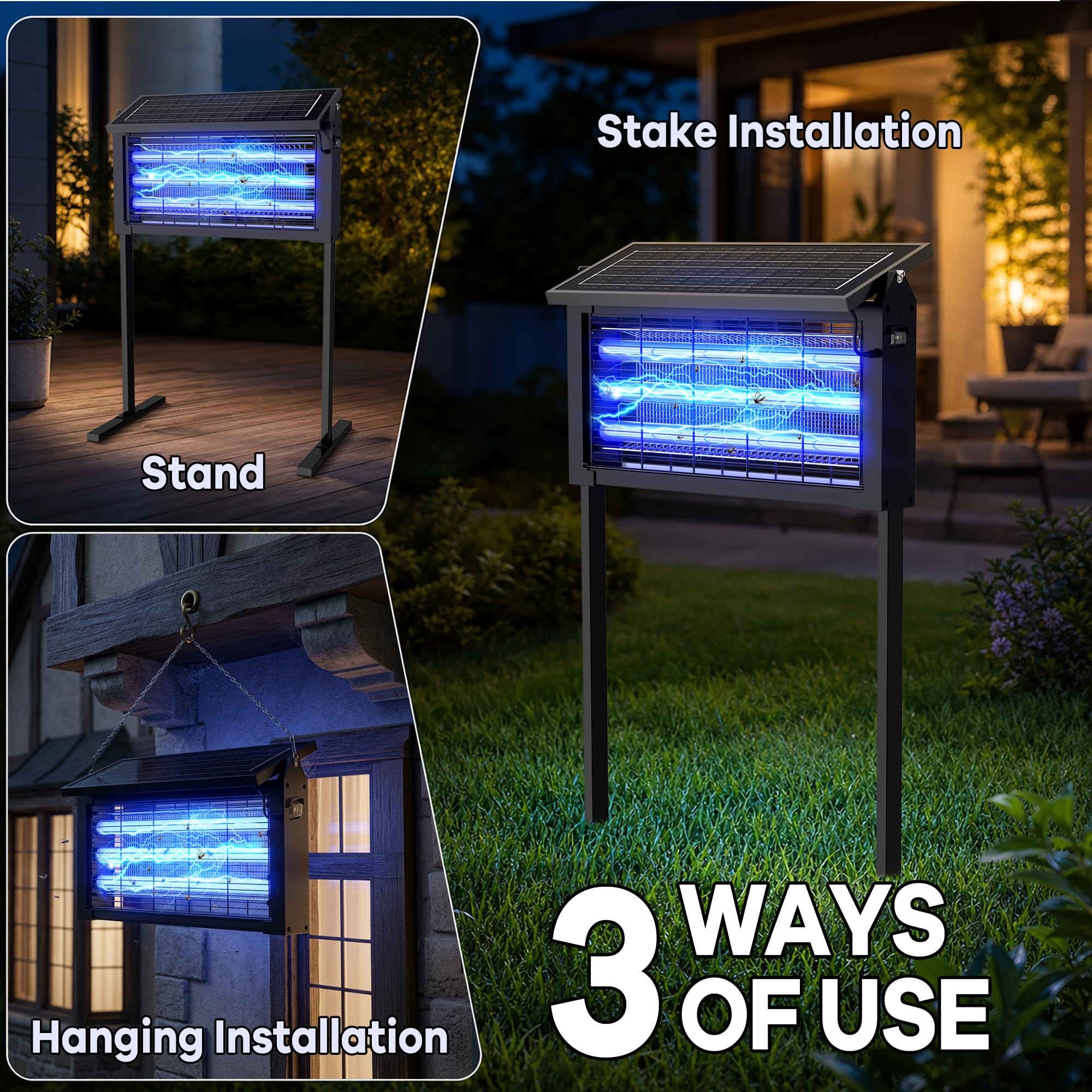 Eliminador solar de insectos para exteriores, 20 W, gran mosquitos, batería de 7500 mAh, trampa recargable para insectos voladores para patio, jardín, hogar, camping, color negro